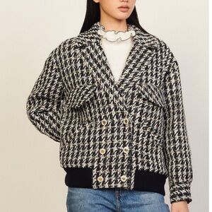 Sandro Coat Horia Double Breasted Oversized Tweed in Black White Plaid